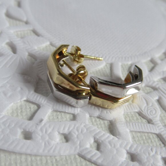 14k 2 tone, White & Yellow Gold Stud Earrings, 1/2 Octagon, Art Deco - Picture 7 of 11